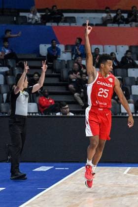 (230827) -- JAKARTA, Aug. 27, 2023 -- Trae Bell-Haynes (R) of Canada reacts after scoring a 3-pointer during the Group H match between Lebanon and Canada at the 2023 FIBA World Cup in Jakarta, Indonesia, Aug. 27, 2023. ) (SP)INDONESIA-JAKARTA-BASKETBALL-FIBA WORLD CUP-GROUP H-LBN VS CAN AgungxKuncahyaxB. 