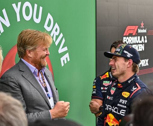 27th August 2023; Circuit Zandvoort, Zandvoort, North Holland, Netherlands; Formula 1 Heineken Dutch Grand Prix 2023; Race Day; Max Verstappen (NED) shares a joke with King Willem-Alexander  ActionPlus12547864 GodfreyxPitt