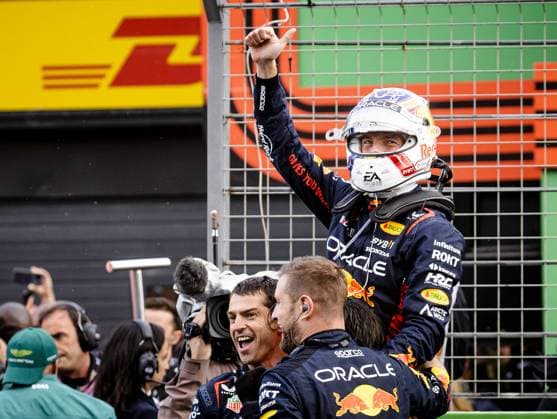 ZANDVOORT - Max Verstappen (Red Bull Racing) cheers after winning the F1 Grand Prix of the Netherlands at Circuit Zandvoort on August 27, 2023 in Zandvoort, Netherlands. ANP SEM VAN DER WAL F1 Grand Prix of The Netherlands 2023 24 xVIxANPxSportx xxANPxIVx 476462124 originalFilename: 476462124.jpg