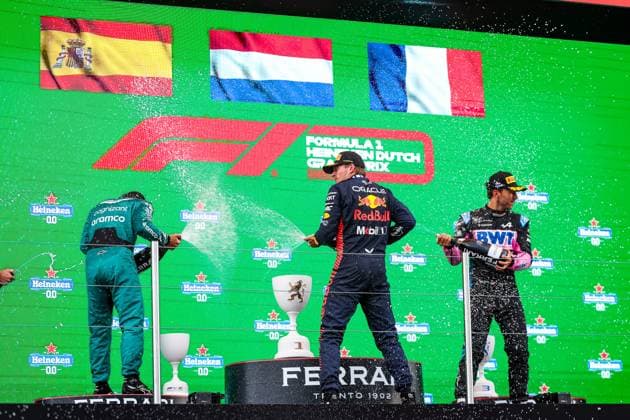 14 Fernando Alonso ESP, Aston Martin Aramco Cognizant F1 Team , 10 Pierre Gasly FRA, BWT Alpine F1 Team , 1 Max Verstappen NLD, Oracle Red Bull Racing , F1 Grand Prix of the Netherlands at Circuit Zandvoort on August 27, 2023 in Zandvoort, Netherlands Photo by HOCH ZWEI Zandvoort Netherlands