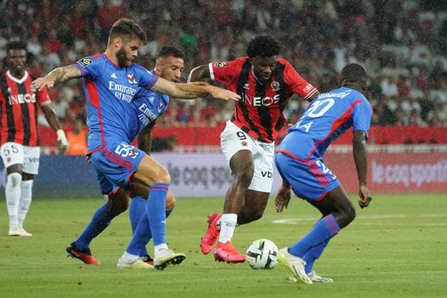 Terem Moffi (OGC Nice) - Corentin Tolisso (Lyon) - SaÃ«l Kumbedi (Lyon) FOOTBALL : OGC Nice vs Lyon - Ligue 1 Uber Eats - Nice - 027 08 2023 NorbertScanella Panoramic 