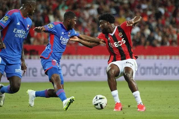 Terem Moffi (OGC Nice) - Ainsley Maitland Niles (Lyon) FOOTBALL : OGC Nice vs Lyon - Ligue 1 Uber Eats - Nice - 027 08 2023 NorbertScanella Panoramic 
