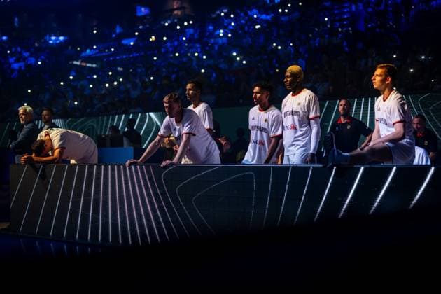 Basketball Okinawa 29 08 2023 FIBA Basketball World Cup 2023 Mens World Cup Germany GER Finland FIN Team introduction Johannes Voigtmann Germany, No 07 Nils Giffey Germany, No 05 Johannes Thiemann Germany, No 32 Maodo Lo Germany, No 04 Isaac Bonga Germany, No 00 Justus Hollatz Germany, No 21 vlnr