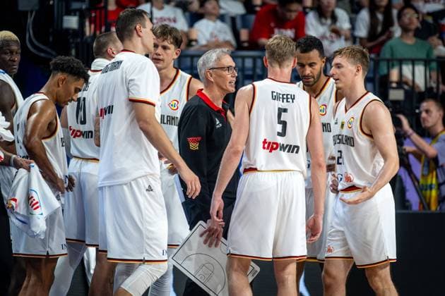 Basketball Okinawa 29 08 2023 FIBA Basketball World Cup 2023 Mens World Cup Germany GER Finland FIN Gordon Herbert Germany, national coach Johannes Voigtmann Germany, No 07 Moritz Wagner Germany, No 13 Nils Giffey Germany, No 05 Johannes Thiemann Germany, No 32 Justus Hollatz Germany, No 21 and others.