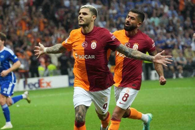 Mauro Icardi of Galatasaray celebrates after scoring the first goal of his team during the UEFA Champions League play-offs second leg match between Galatasaray and Molde Fk at RAMS PARK stadium on August 29, 2023 in Istanbul, Turkey. Istanbul Turkey Copyright: xSeskimPhotox Galatasaray-Molde_290823 (47)