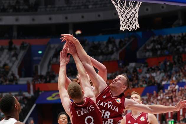 August 29, 2023, Jakarta, Jakarta, Indonesia: JAKARTA, INDONESIA Ã¢â‚¬ AUGUST 29: CanadaÃ¢â‚¬â ¢s Kelly Olynyk (C) is challenged by LatviaÃ¢â‚¬â ¢s players on Canada vs Latvia game during 2023 FIBA Basketball World Cup in Jakarta, Indonesia on August 29 2023. The 2023 FIBA Basketball World Cup will held on August 25 until September 10, 2023 in Jakarta - Indonesia, Manila - Philipines dan Okinawa Ã¢â‚¬ Japan Jakarta Indonesia - ZUMAys1_ 20230829_zaf_ys1_051 Copyright: xSijorixImagesx