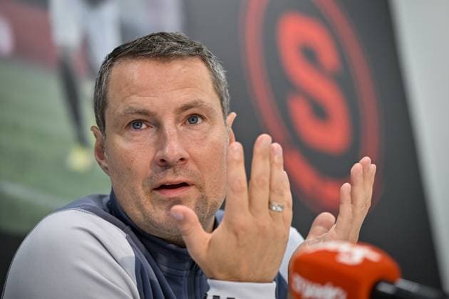 Coach of Sparta Praha Brian Priske speaks during the press conference, PK, Pressekonferenz prior to European League of Football 4th qualifying round return match: Sparta Praha vs Dinamo Zagreb in Prague, Czech Republic, August 30, 2023. (CTKxPhoto VitxSimanek) CTKPhotoP2023083003183  CTKPhotoP2023083003183