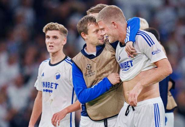 FCK s Andreas Cornelius and Peter Ankersen after the Champions League match between FC Copenhagen and Rakow Czestochowa at Parken in Copenhagen on Wednesday, August 30, 2023 Photo Liselotte Sabroe Ritzau Scanpix , Copenhagen Denmark  Copyright: Ritzau Scanpix LiselottexSabroex COP14288 spdk20230830-232537-L