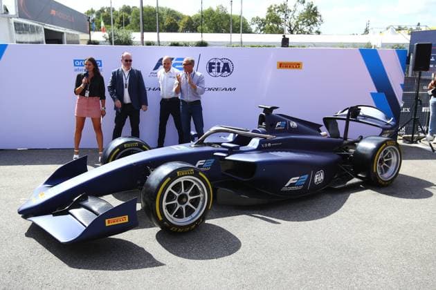 Reveal of FIA Formula 2 next generation car during the 2023 Formula 1 Pirelli Grand Premio d™Italia Grand Prix, 14th round of the 2023 Formula One World Championship, WM, Weltmeisterschaft from September 1 to 3, 2023 on the Autodromo Nazionale di Monza, in Monza, Italy - F1 - ITALIAN GRAND PRIX 2023 DPPI Panoramic  00123032_EA019527