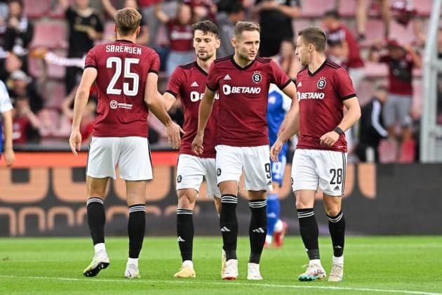 Sparta Praha v Dinamo Zagreb - UEFA Europa League Play Off Round: Second Leg Tomas Wiesner, Asger Sorensen, Jan Kuchta and Kaan Kairinen of Sparta Praha celebrate after scoring first goal during the UEFA Europa League Play Off Round Second Leg match between Sparta Praha and Dinamo Zagreb at Letna Stadium on August 31, 2023 in Prague, Czech Republic. MarkoxLukunic PIXSELL