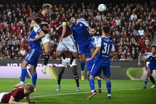 Asger Sorensen of Sparta, 3rd from left, shots a goal during the European League of football 4th qualifying round return match Sparta Praha vs Dinamo Zagreb in Prague, Czech Republic, August 31, 2023. (CTKxPhoto OndrejxDeml) CTKPhotoP2023083107675  CTKPhotoP2023083107675