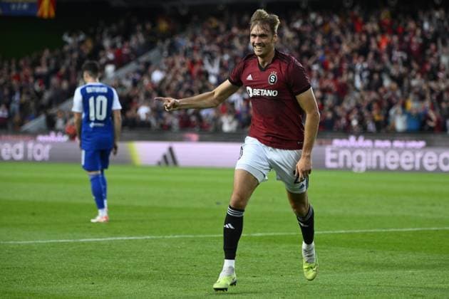 Asger Sorensen of Sparta celebrates a goal during the European League of football 4th qualifying round return match Sparta Praha vs Dinamo Zagreb in Prague, Czech Republic, August 31, 2023. (CTKxPhoto OndrejxDeml) CTKPhotoP2023083107678  CTKPhotoP2023083107678
