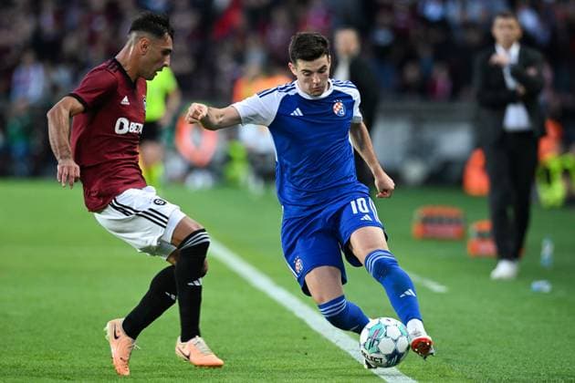 Sparta Praha v Dinamo Zagreb - UEFA Europa League Play Off Round: Second Leg Martin Baturina of Dinamo Zagreb and Qazim Laci of Sparta Praha in action during the UEFA Europa League Play Off Round Second Leg match between Sparta Praha and Dinamo Zagreb at Letna Stadium on August 31, 2023 in Prague, Czech Republic. MarkoxLukunic PIXSELL