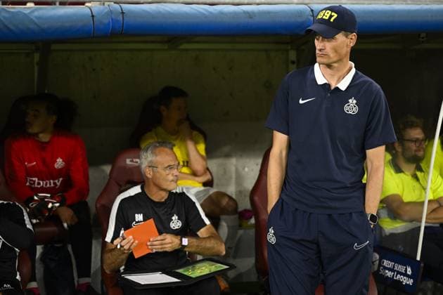 Union s head coach Alexander Blessin pictured during a soccer match between Swiss FC Lugano and Belgian Royale Union Saint-Gilloise, Thursday 31 August 2023 in Geneva, Switzerland, the return leg of the play-off for the UEFA Europa League competition. LAURIExDIEFFEMBACQ  x73072163x