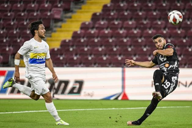 Union s Kevin Mac Allister and Lugano s Mohamed Mahmoud pictured in action during a soccer match between Swiss FC Lugano and Belgian Royale Union Saint-Gilloise, Thursday 31 August 2023 in Geneva, Switzerland, the return leg of the play-off for the UEFA Europa League competition. LAURIExDIEFFEMBACQ  x73074326x