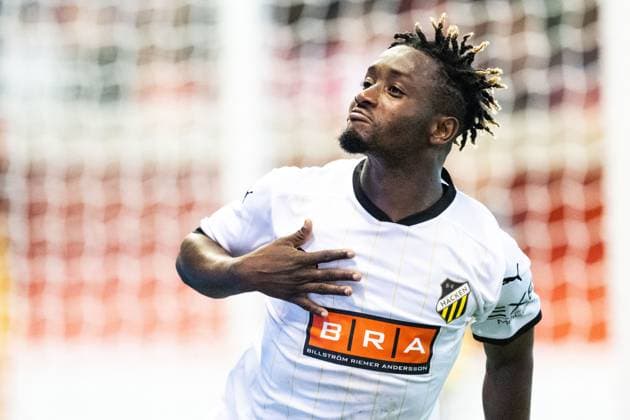 230831 Häckens Ibrahim Sadiq celebrates after 0 2 during the UEFA Europa League play off between Aberdeen and Häcken on August 31, 2023 in Aberdeen Photo Daniel Stiller BILDBYRAN code DS DS0328 football soccer football uefa europa league aberdeen häcken bbeng bbauto jubel  Copyright: DANIELxSTILLER BB230831DS024