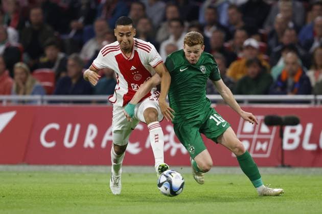 AMSTERDAM , 31-08-2023 , Johan Cruijff Arena , UEFA Europa League season 2023 2024 , Play-offs 2nd leg , match between Ajax and Ludogorets , (L-R) Ajax player Anass Salah-Eddine, Ludogorets Razgrad player Aslak Witry Ajax - Ludogorets  x22145143x Copyright: