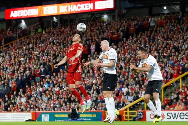 Aberdeen v BK Hacken Europa League 31 08 2023. Play Off Bojan Miovski (9) of Aberdeen during the Europa League play off match between Aberdeen and BK Hacken at Pittodrie Stadium, Aberdeen, Scotland on 31 August 2023. Aberdeen Pittodrie Stadium Aberdeenshire Scotland Editorial use only , Copyright: xStephenxDobsonx PSI-17931-0014