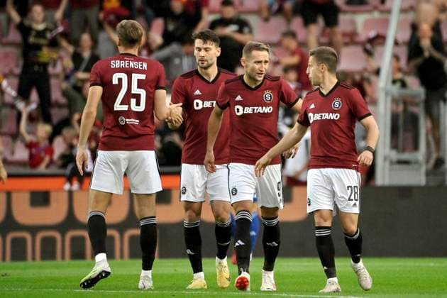 Prague, Czech Republic, 310823. Players Jan Kuchta and Tomas Wiesner in the return match of the playoffs for the European League between AC Sparta and GNK Dinamo. Photo: Ronald Gorsic CROPIX Copyright: xxRonaldxGorsicx xCROPIXx sparta_dinamo5-310823