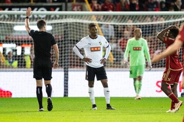 230831 Häckens Franklin Degaulle Tebo Uchenna during the UEFA Europa League play off between Aberdeen and Häcken on August 31, 2023 in Aberdeen Photo Daniel Stiller BILDBYRAN code DS DS0328 football soccer football uefa europa league aberdeen häcken bbeng bbauto depp  Copyright: DANIELxSTILLER BB230831DS042