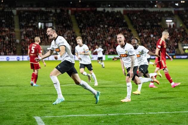 230831 Häckens Amor Layouni celebrates with Mikkel Rygaard Jensen and Ibrahim Sadiq after 1 3 during the UEFA Europa League play off between Aberdeen and Häcken on August 31, 2023 in Aberdeen Photo Daniel Stiller BILDBYRAN kod DS DS0328 fotboll football soccer fotball uefa europa league aberdeen häcken bbeng bbauto jubel  Copyright: DANIELxSTILLER BB230831DS047
