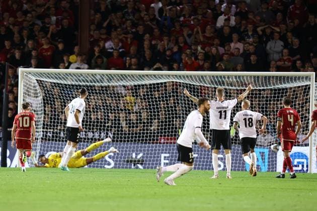 Aberdeen v BK Hacken Europa League 31 08 2023. Play Off GOAL 1-3 BK Hacken™s Amor Layouni (24) scores a penalty goal 1-3 and celebrates, celebration during the Europa League play off match between Aberdeen and BK Hacken at Pittodrie Stadium, Aberdeen, Scotland on 31 August 2023. Aberdeen Pittodrie Stadium Aberdeenshire Scotland Editorial use only , Copyright: xStephenxDobsonx PSI-17931-0062