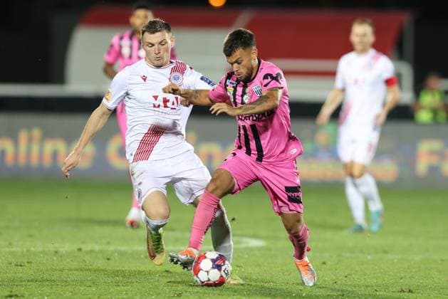 SOCCER - UEFA EL, Zrinjski vs LASK MOSTAR,BOSNIA AND HERZEGOVINA,31.AUG.23 - SOCCER - UEFA Europa League, qualification, HSK Zrinjski Mostar vs Linzer ASK. Image shows Antonio Ivancic (Zrinjski) and Sascha Horvath (LASK).  GEPAxpictures xMathiasxMandl