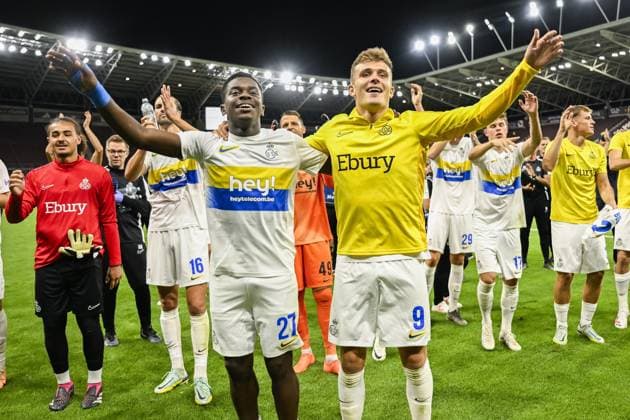 Union s Noah Sadiki and Union s Dennis Eckert Ayensa celebrate after winning a soccer match between Swiss FC Lugano and Belgian Royale Union Saint-Gilloise, Thursday 31 August 2023 in Geneva, Switzerland, the return leg of the play-off for the UEFA Europa League competition. LAURIExDIEFFEMBACQ  x73082697x
