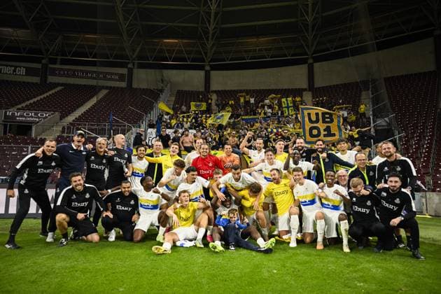 Union s players celebrate after winning a soccer match between Swiss FC Lugano and Belgian Royale Union Saint-Gilloise, Thursday 31 August 2023 in Geneva, Switzerland, the return leg of the play-off for the UEFA Europa League competition. LAURIExDIEFFEMBACQ  x73082947x