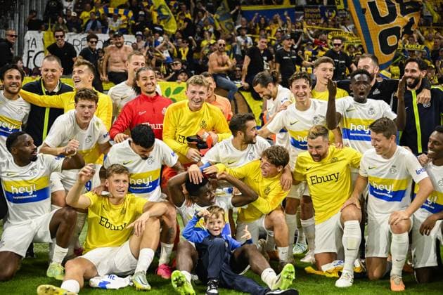 Union s players celebrate after winning a soccer match between Swiss FC Lugano and Belgian Royale Union Saint-Gilloise, Thursday 31 August 2023 in Geneva, Switzerland, the return leg of the play-off for the UEFA Europa League competition. LAURIExDIEFFEMBACQ  x73082976x