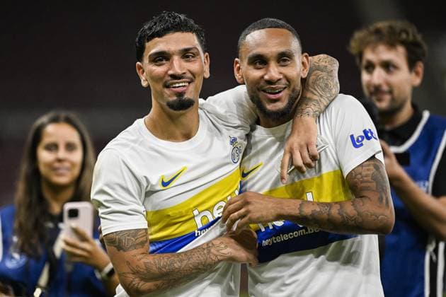 Union s Cameron Puertas Castro and Union s Loic Lapoussin celebrate after winning a soccer match between Swiss FC Lugano and Belgian Royale Union Saint-Gilloise, Thursday 31 August 2023 in Geneva, Switzerland, the return leg of the play-off for the UEFA Europa League competition. LAURIExDIEFFEMBACQ  x73083597x