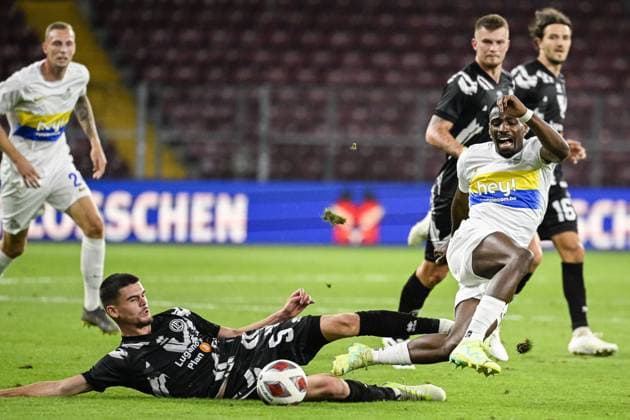 Lugano s Albian Hajdari and Union s Elton Kabangu fight for the ball during a soccer match between Swiss FC Lugano and Belgian Royale Union Saint-Gilloise, Thursday 31 August 2023 in Geneva, Switzerland, the return leg of the play-off for the UEFA Europa League competition. LAURIExDIEFFEMBACQ  x73083657x