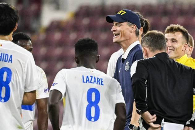 Union s head coach Alexander Blessin celebrates after winning a soccer match between Swiss FC Lugano and Belgian Royale Union Saint-Gilloise, Thursday 31 August 2023 in Geneva, Switzerland, the return leg of the play-off for the UEFA Europa League competition. LAURIExDIEFFEMBACQ  x73083716x