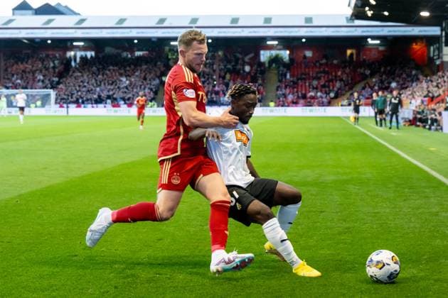 230831 Richard Jensen of Aberdeen and Ibrahim Sadiq of Häcken during the UEFA Europa League play off between Aberdeen and Häcken on August 31, 2023 in Aberdeen Photo Daniel Stiller BILDBYRAN code DS DS0328 fotboll soccer football uefa europa league aberdeen häcken bbeng  Copyright: DANIELxSTILLER BB230831DS068