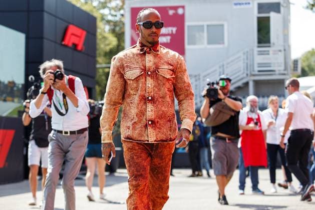 Italy, Monza, 01 09 2023, Autodromo di Monza, F1 Grand Prix of Italy Practice, Lewis Hamilton of Great Britain and Mercedes arrives in the Paddock Monza Autodromo di Monza Monza Italy  eu-images-645