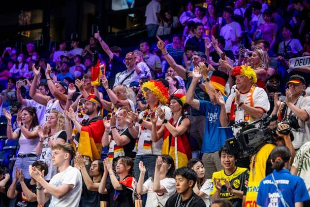 Basketball Okinawa 01 09 2023 FIBA Basketball World Cup 2023 Mens World Championship Round 2 Germany GER Georgia GEO German fans cheer for victory