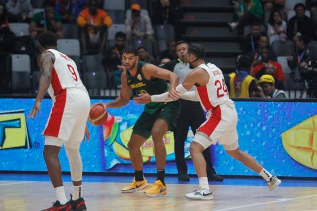 JAKARTA, INDONESIA SEPTEMBER 1: Brazil™s Bruno Caboclo (C) rebound on Canada vs Brazil game during 2023 FIBA Basketball World Cup in Jakarta, Indonesia on September 1, 2023. The 2023 FIBA Basketball World Cup held on August 25 until September 10, 2023 in Jakarta - Indonesia, Manila - Philipines dan Okinawa Japan. BASKET BALL : Canada vs Bresil - FIBA Coupe du monde - Jakarta - 01 09 2023 YuliSeperi Panoramic 
