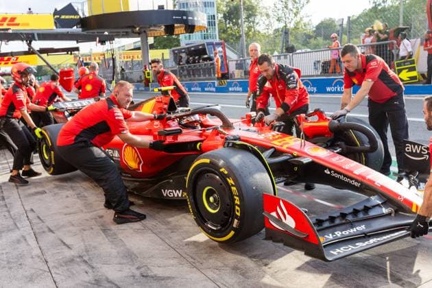 MONZA, ITALY - SEPTEMBER 01: Ferrari driver Carlos Sainz (55) of Spain is rolled back into his garage during practice for the F1 Italian Grand Prix on Friday, September 1, 2023 at the Autodromo Nazionale Monza in Monza, Italy. (Photo by Bob Kupbens Icon Sportswire) AUTO: SEP 01 F1 Italian Grand Prix EDITORIAL USE ONLY Icon230901259