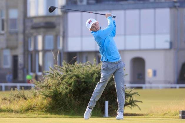 2nd September 2023; Old Course at St Andrews, St Andrews, Fife, Scotland; Walker Cup, Great Britain and Ireland versus USA, First Round; Connor Graham of Great Britain and Ireland tees off on the second hole on the Old Course, St Andrews, during his foursomes match  ActionPlus12549245 DavidxYoung