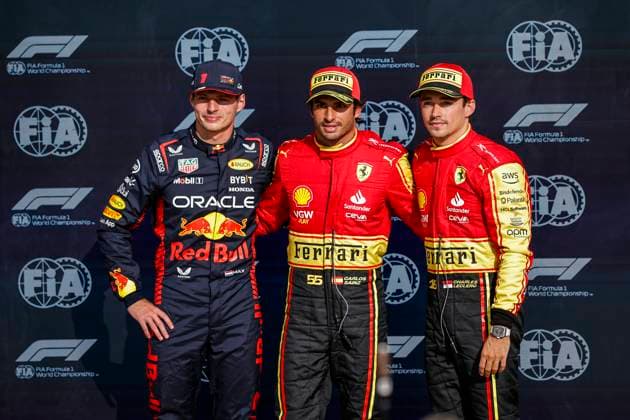 SAINZ Carlos (spa), Scuderia Ferrari SF-23, portrait VERSTAPPEN Max (ned), Red Bull Racing RB19, portrait LECLERC Charles (mco), Scuderia Ferrari SF-23, portrait during the 2023 Formula 1 Pirelli Grand Premio d™Italia Grand Prix, 14th round of the 2023 Formula One World Championship, WM, Weltmeisterschaft from September 1 to 3, 2023 on the Autodromo Nazionale di Monza, in Monza, Italy - F1 - ITALIAN GRAND PRIX 2023 DPPI Panoramic _R5_8262