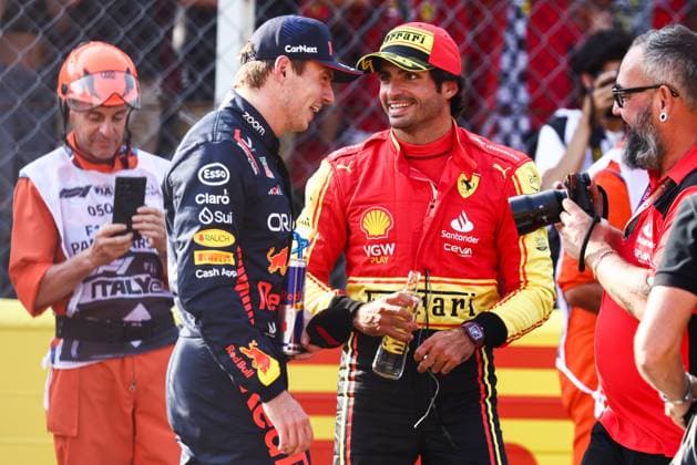 September 2, 2023, Monza, Italy: Carlos Sainz of Ferrari and Max Verstappen of Red Bull Racing are seen after qualifying ahead of the F1 Italian Grand Prix at Autodromo Nazionale Monza, on September 2, 2023 in Monza, Italy. Monza Italy - ZUMAz156 0302597714st Copyright: xBeataxZawrzelx
