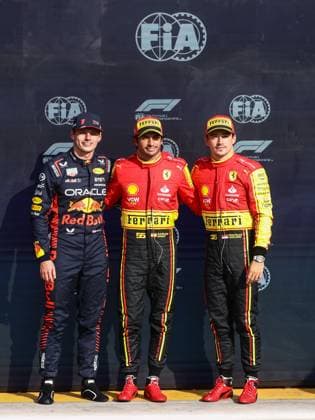 September 2, 2023, Monza, Italy: Max Verstappen of Red Bull Racing, Carlos Sainz of Ferrari and Charles Leclerc of Ferrari are seen after qualifying ahead of the F1 Italian Grand Prix at Autodromo Nazionale Monza, on September 2, 2023 in Monza, Italy. Monza Italy - ZUMAz156 0302597720st Copyright: xBeataxZawrzelx
