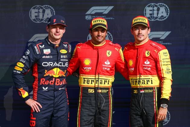 September 2, 2023, Monza, Italy: Max Verstappen of Red Bull Racing, Carlos Sainz of Ferrari and Charles Leclerc of Ferrari are seen after qualifying ahead of the F1 Italian Grand Prix at Autodromo Nazionale Monza, on September 2, 2023 in Monza, Italy. Monza Italy - ZUMAz156 0302597770st Copyright: xBeataxZawrzelx