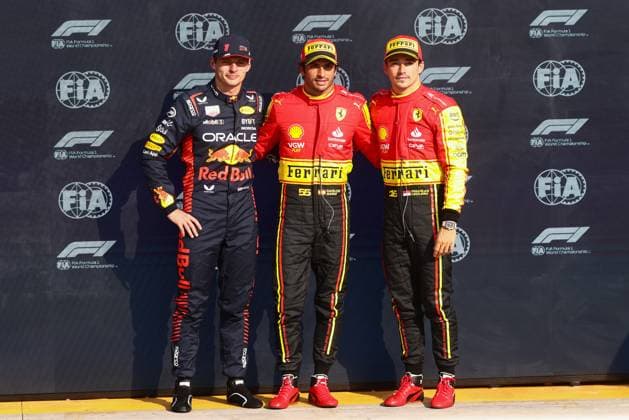 September 2, 2023, Monza, Italy: Max Verstappen of Red Bull Racing, Carlos Sainz of Ferrari and Charles Leclerc of Ferrari are seen after qualifying ahead of the F1 Italian Grand Prix at Autodromo Nazionale Monza, on September 2, 2023 in Monza, Italy. Monza Italy - ZUMAz156 0302597802st Copyright: xBeataxZawrzelx