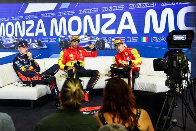 September 2, 2023, Monza, Italy: Max Verstappen of Red Bull Racing, Carlos Sainz of Ferrari and Charles Leclerc of Ferrari are seen during press conferenca after qualifying ahead of the F1 Italian Grand Prix at Autodromo Nazionale Monza, on September 2, 2023 in Monza, Italy. Monza Italy - ZUMAz156 0302597806st Copyright: xBeataxZawrzelx