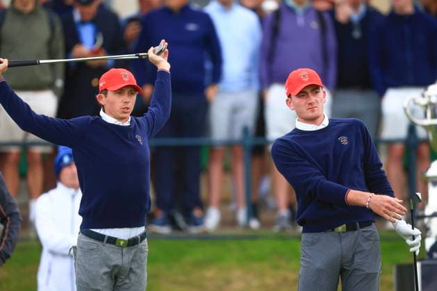 3rd September 2023; Old Course at St Andrews, St Andrews, Fife, Scotland; Walker Cup, Final Round; Gordon Sargent and Nick Dunlap of the United States of America warm up on the first tee on the Old Course, St Andrews, before a foursomes match  ActionPlus12550328 DavidxYoung