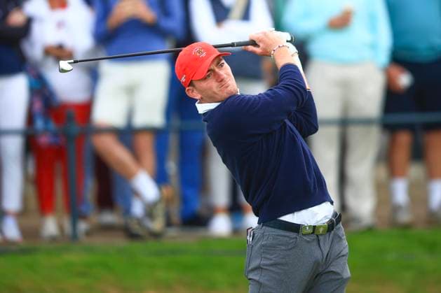 3rd September 2023; Old Course at St Andrews, St Andrews, Fife, Scotland; Walker Cup, Final Round; Nick Dunlap of the United States of America tees off on the first hole on the Old Course, St Andrews, during a foursomes match  ActionPlus12550331 DavidxYoung