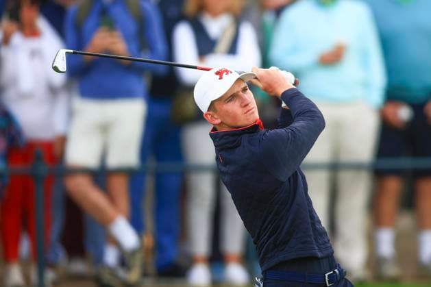3rd September 2023; Old Course at St Andrews, St Andrews, Fife, Scotland; Walker Cup, Final Round; Calum Scott of Great Britain and Ireland tees off on the first hole on the Old Course, St Andrews, during a foursomes match  ActionPlus12550332 DavidxYoung