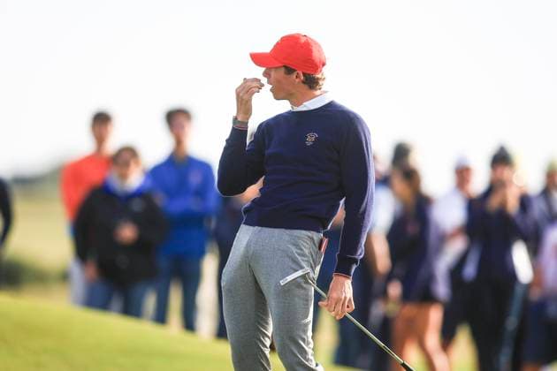 3rd September 2023; Old Course at St Andrews, St Andrews, Fife, Scotland; Walker Cup, Final Round; Gordon Sargent of the United States of America reacts to missing a putt on the second green on the Old Course, St Andrews, during a foursomes match  ActionPlus12550340 DavidxYoung