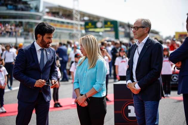 BEN SULAYEM Mohammed (uae), President of the FIA, portrait with Italian prime minister Meloni Giorgia and DOMENICALI Stefano (ita), Chairman and CEO Formula One Group FOG during the 2023 Formula 1 Pirelli Grand Premio d™Italia Grand Prix, 14th round of the 2023 Formula One World Championship, WM, Weltmeisterschaft from September 1 to 3, 2023 on the Autodromo Nazionale di Monza, in Monza, Italy - F1 - ITALIAN GRAND PRIX 2023 - RACE DPPI Panoramic  _R3_9569